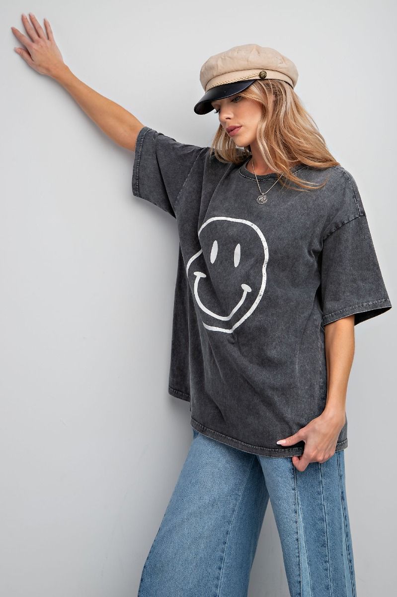 Easel Plus Smiley Face Printed Washed Crew Neck Tops