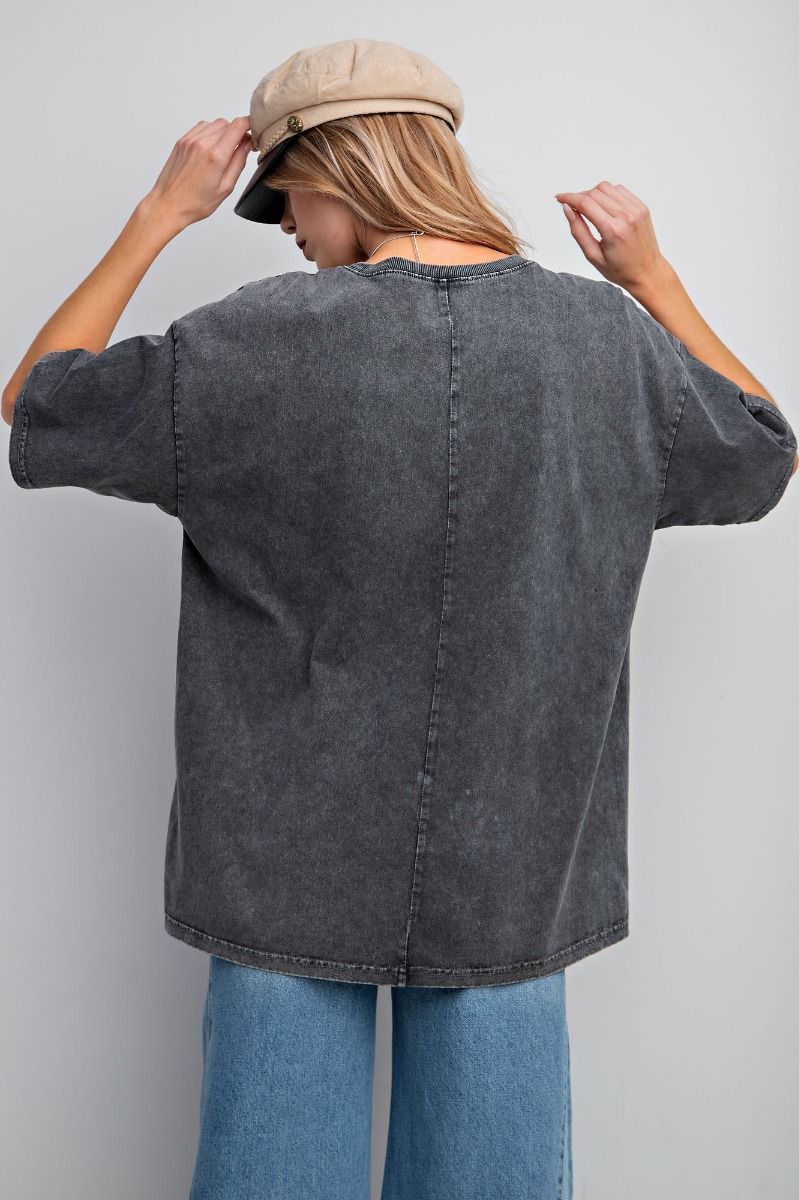 Easel Plus Smiley Face Printed Washed Crew Neck Tops