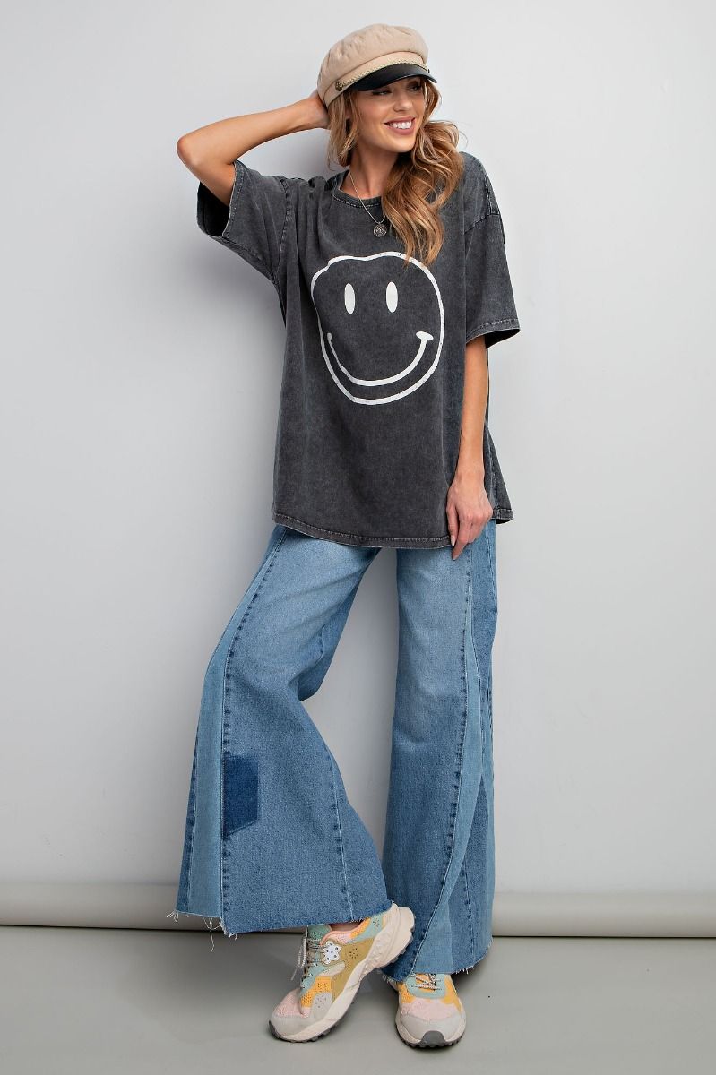 Easel Plus Smiley Face Printed Washed Crew Neck Tops
