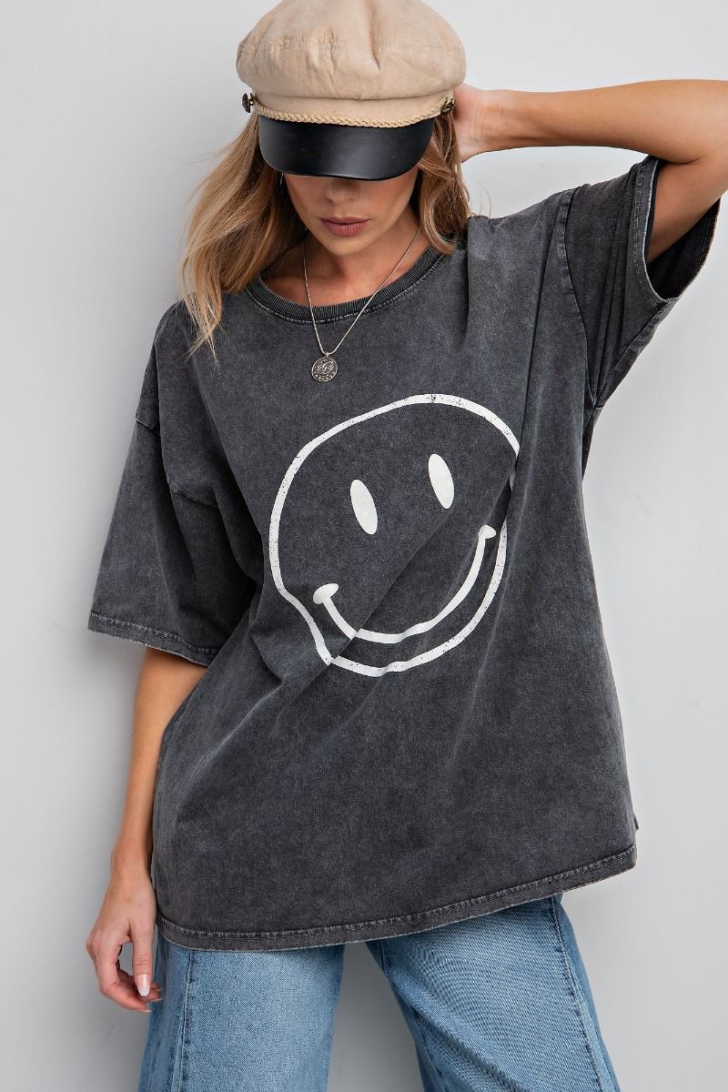 Easel Plus Smiley Face Printed Washed Crew Neck Tops