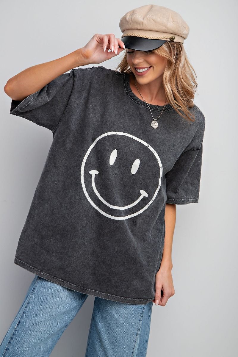 Easel Plus Smiley Face Printed Washed Crew Neck Tops