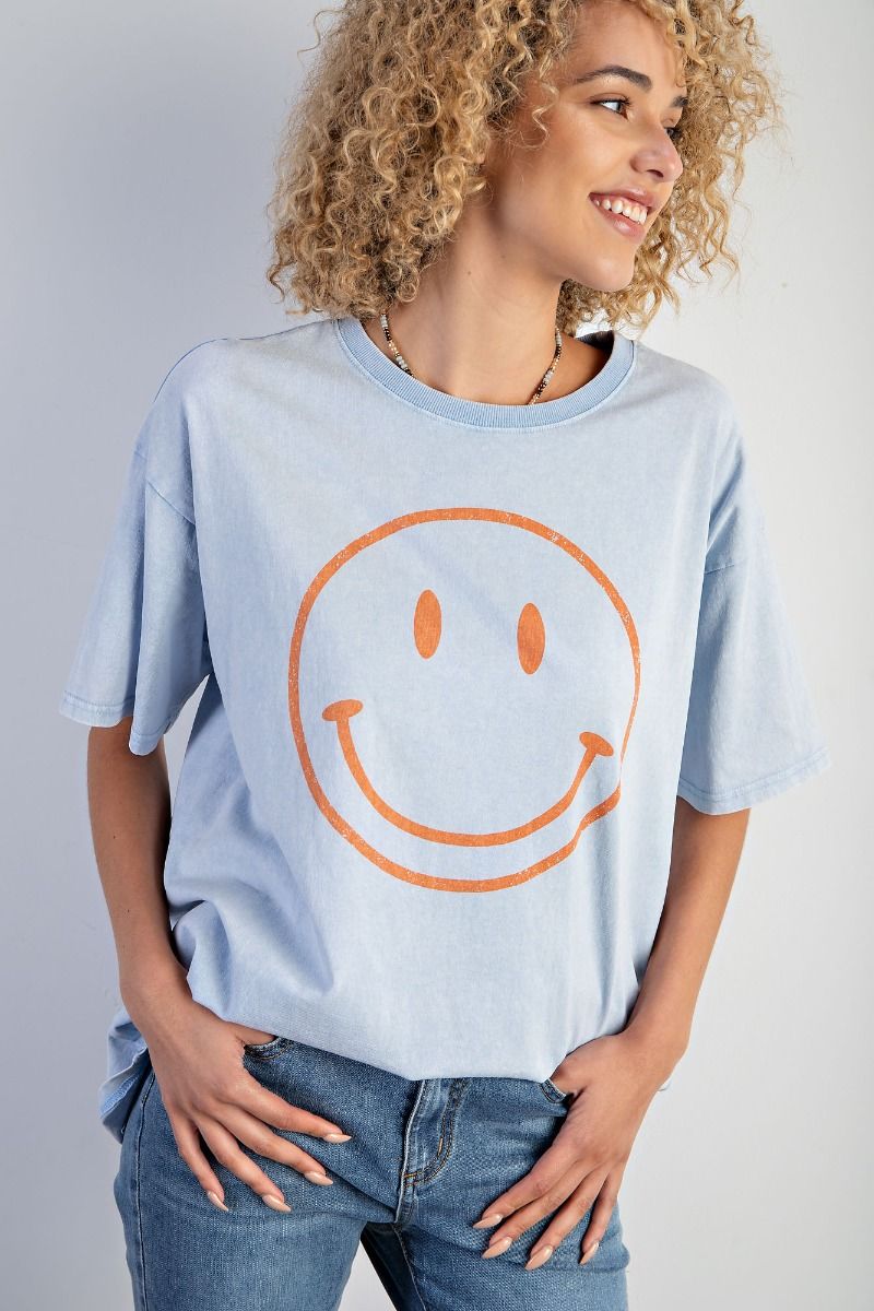 Easel Plus Smiley Face Printed Washed Crew Neck Tops