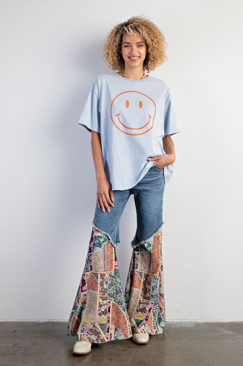 Easel Plus Smiley Face Printed Washed Crew Neck Tops