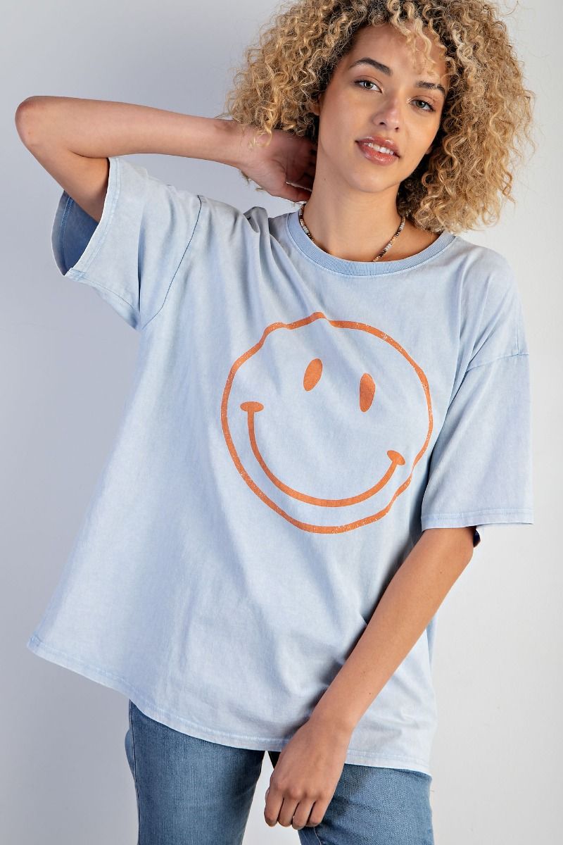 Easel Plus Smiley Face Printed Washed Crew Neck Tops