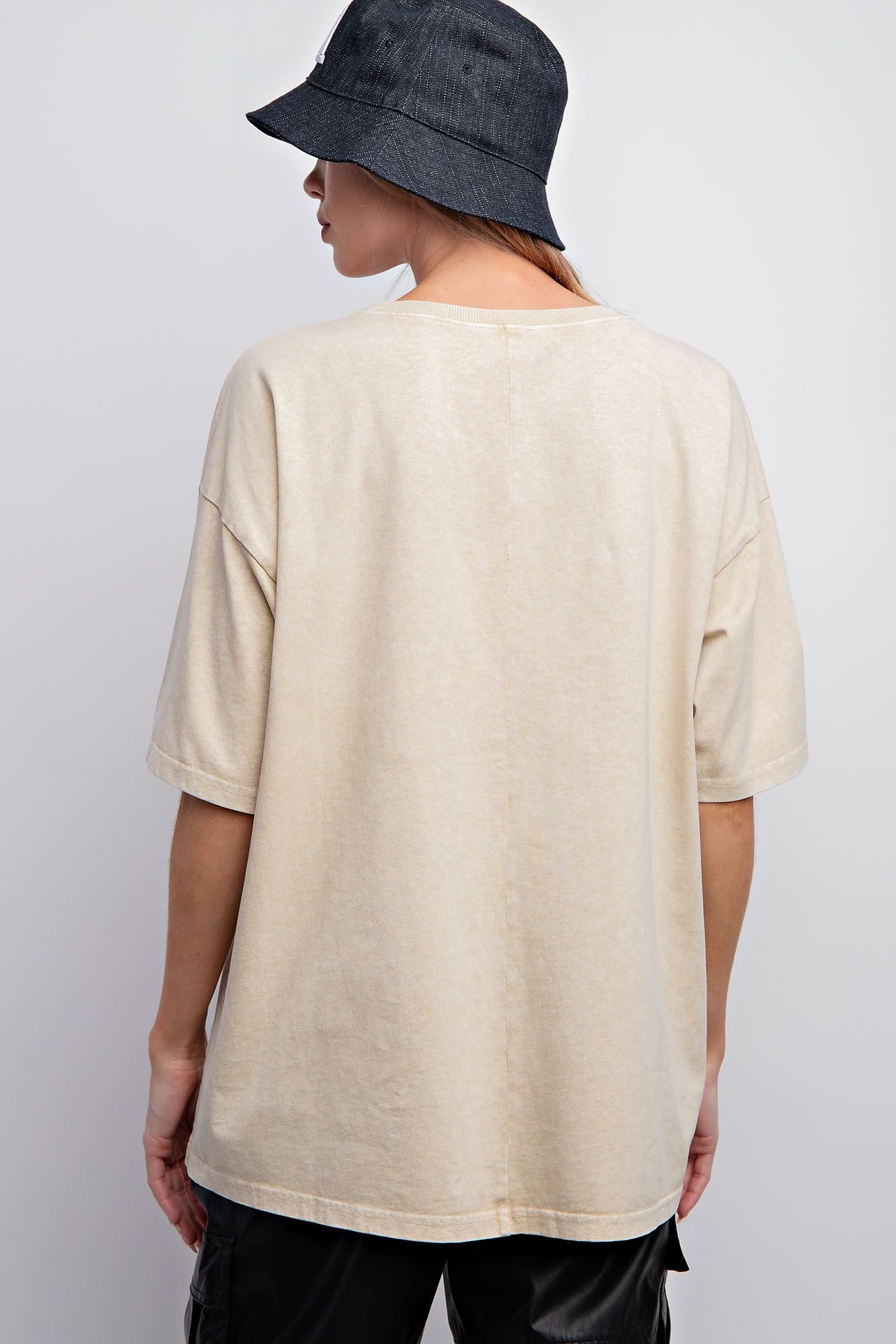 Easel Plus Smiley Face Printed Washed Crew Neck Tops