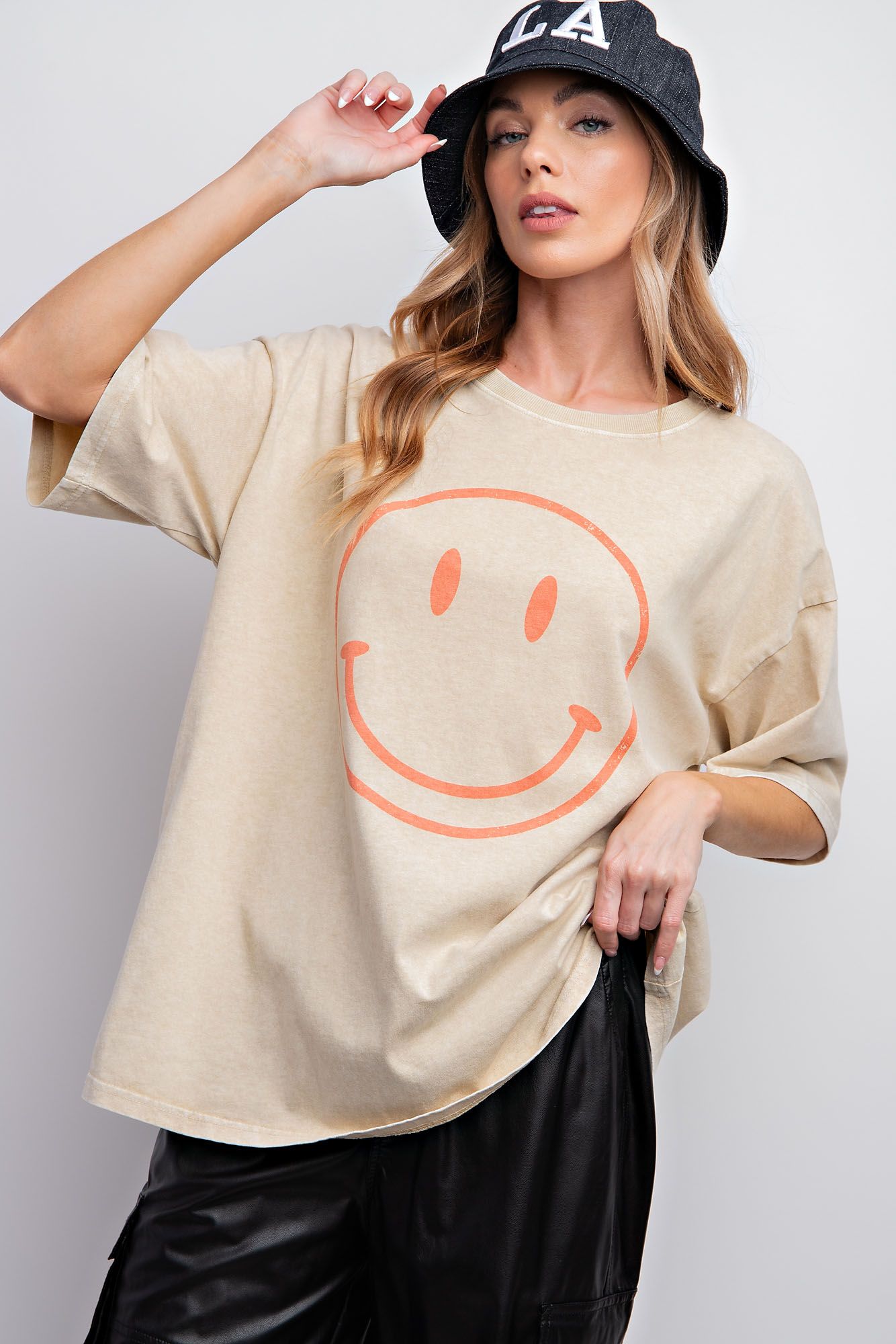 Easel Plus Smiley Face Printed Washed Crew Neck Tops