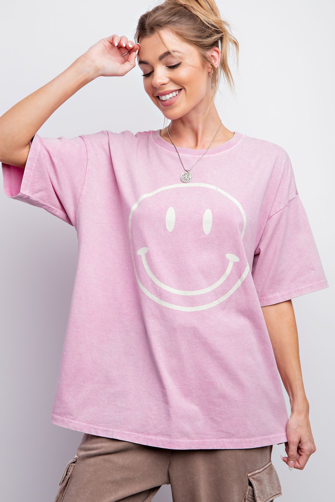 Easel Plus Smiley Face Printed Washed Crew Neck Tops