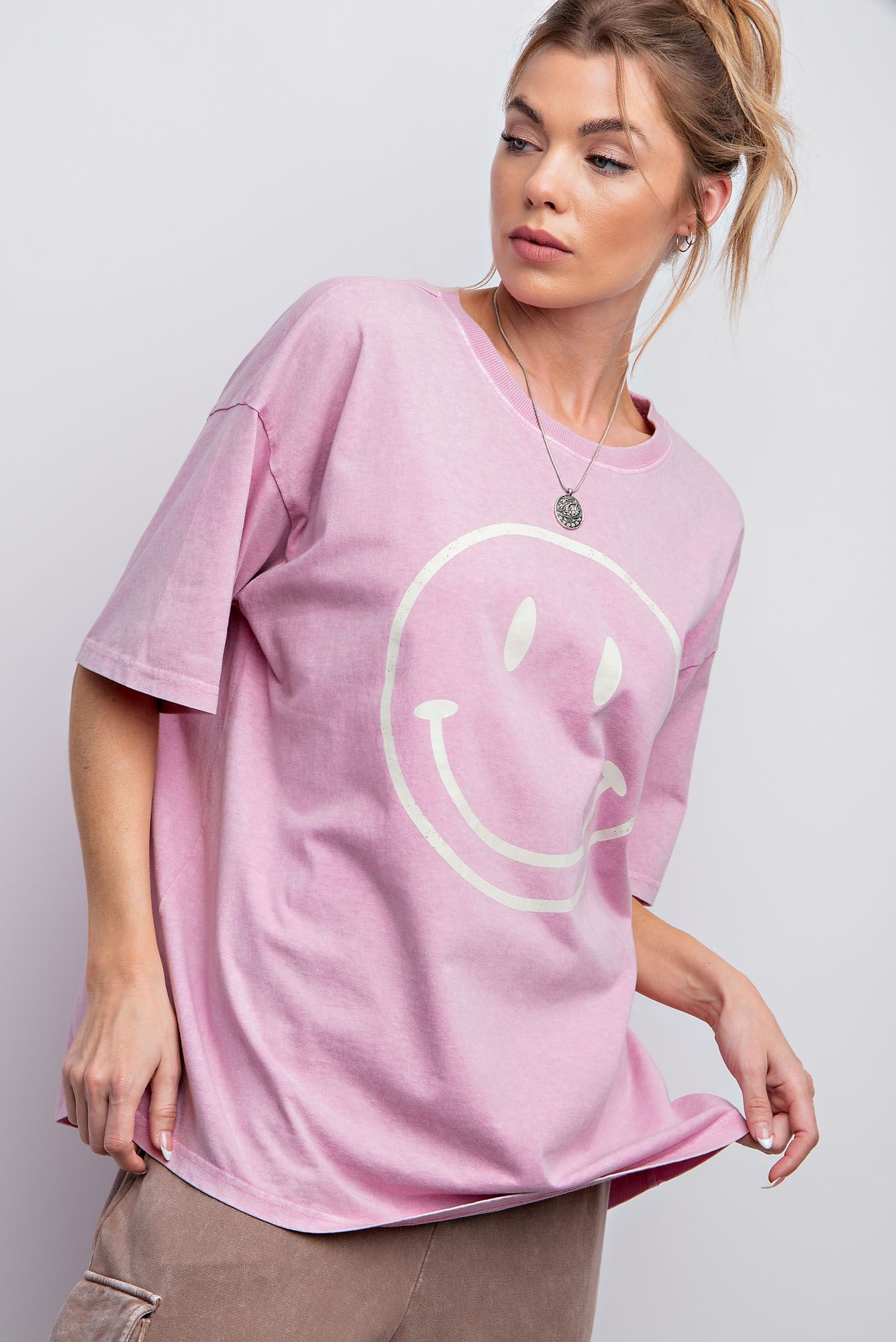 Easel Plus Smiley Face Printed Washed Crew Neck Tops