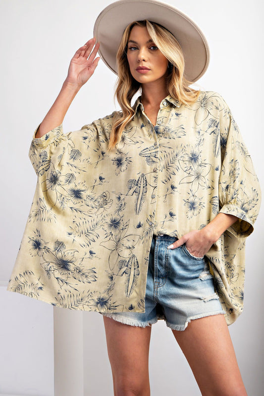Easel Plus Hawaiian Print Mineral Washed Poly Linen Shirt Tops