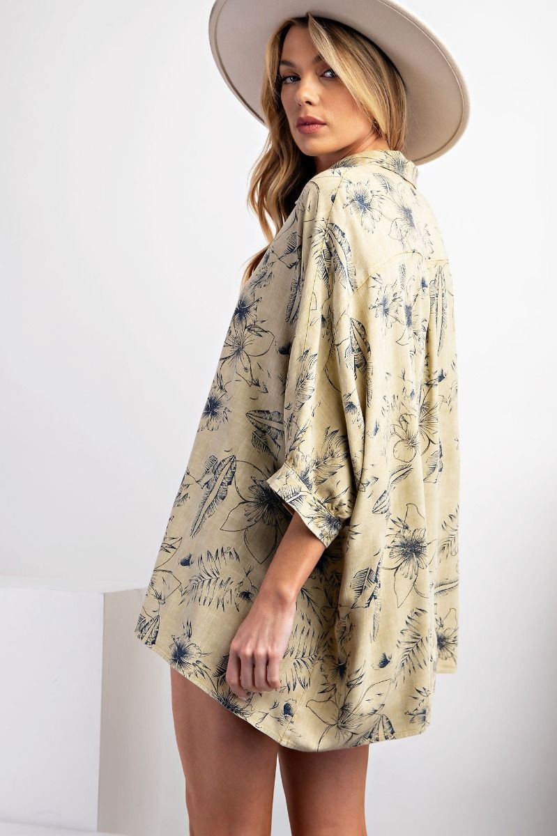 Easel Plus Hawaiian Print Mineral Washed Poly Linen Shirt Tops