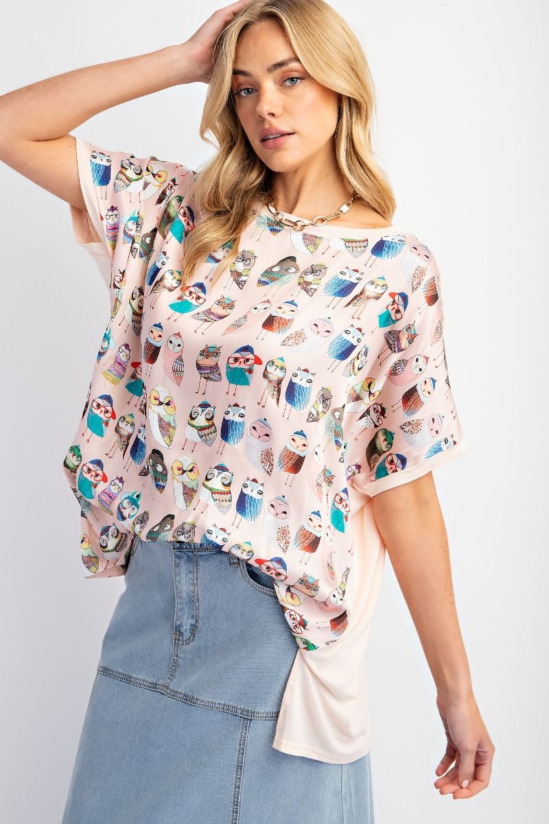 Easel Plus Owl Printed Side Slits Loose Fit Tops