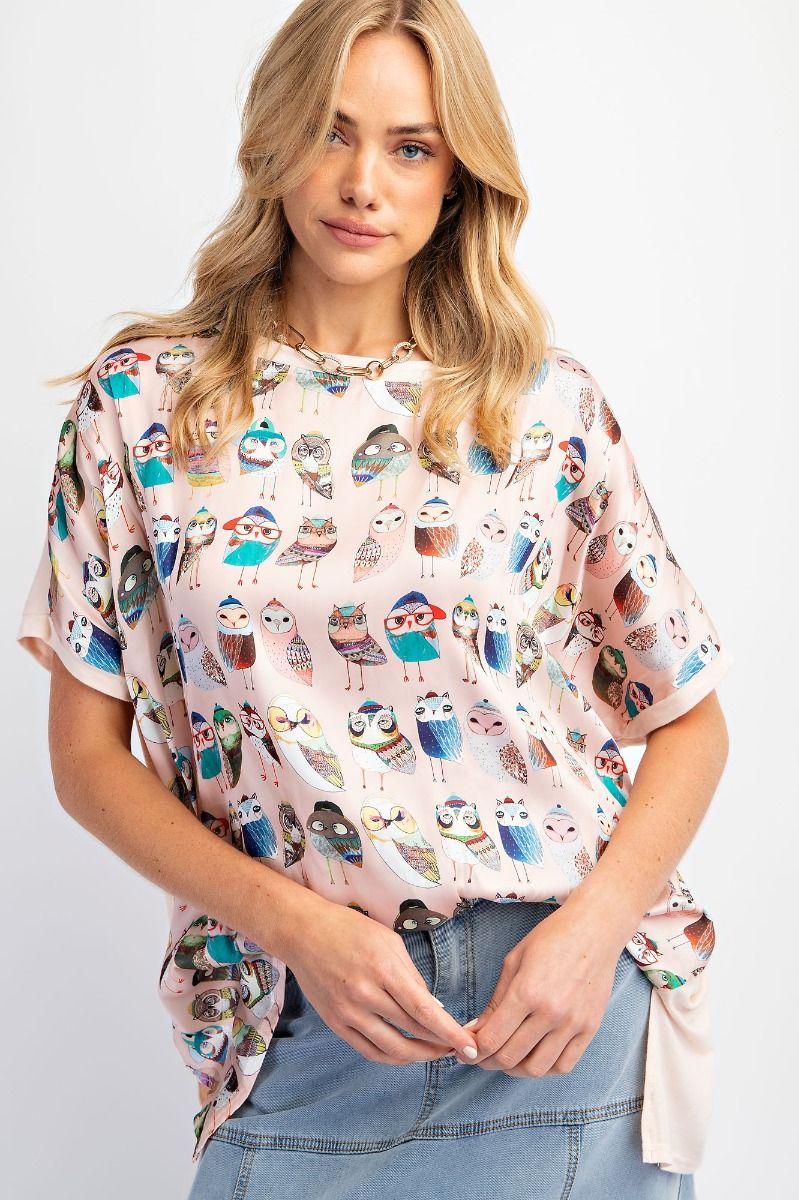 Easel Plus Owl Printed Side Slits Loose Fit Tops