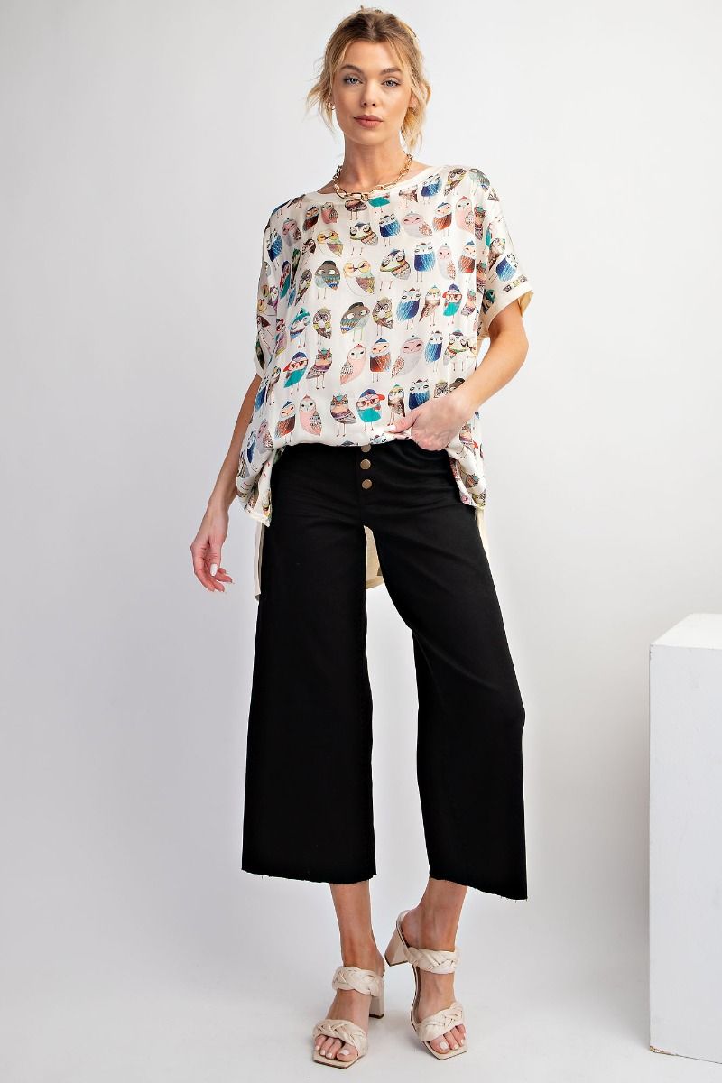 Easel Plus Owl Printed Side Slits Loose Fit Tops