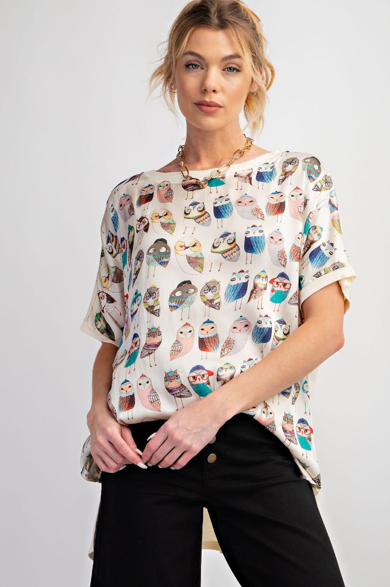 Easel Plus Owl Printed Side Slits Loose Fit Tops