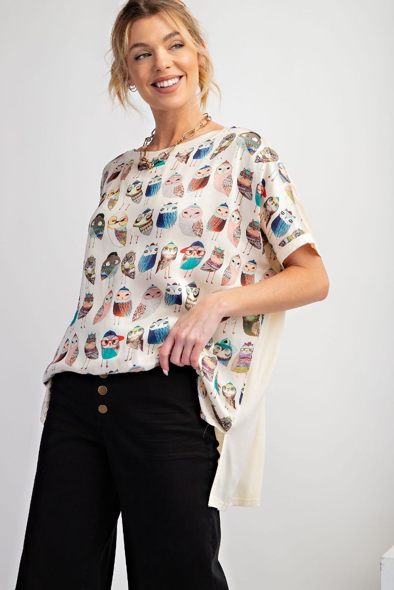 Easel Plus Owl Printed Side Slits Loose Fit Tops