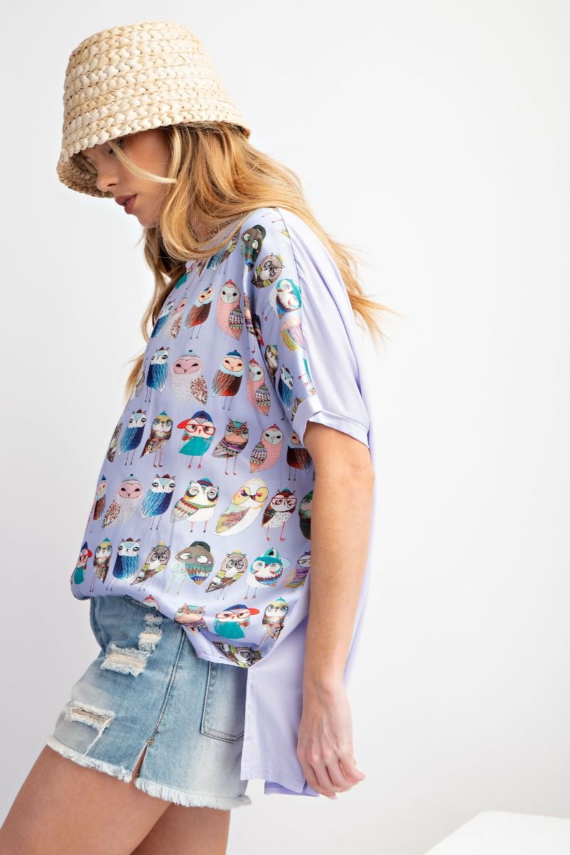 Easel Plus Owl Printed Side Slits Loose Fit Tops