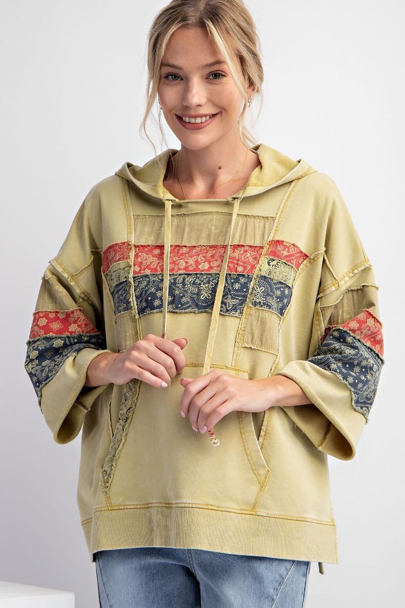 Easel Plus Mix Print Mineral Washed Hoodie Pullover Tops