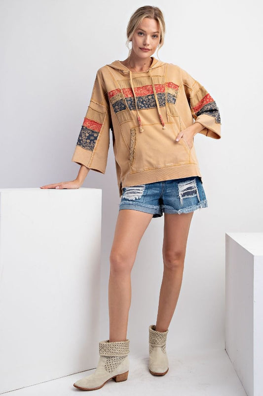 Easel Plus Mix Print Mineral Washed Hoodie Pullover Tops