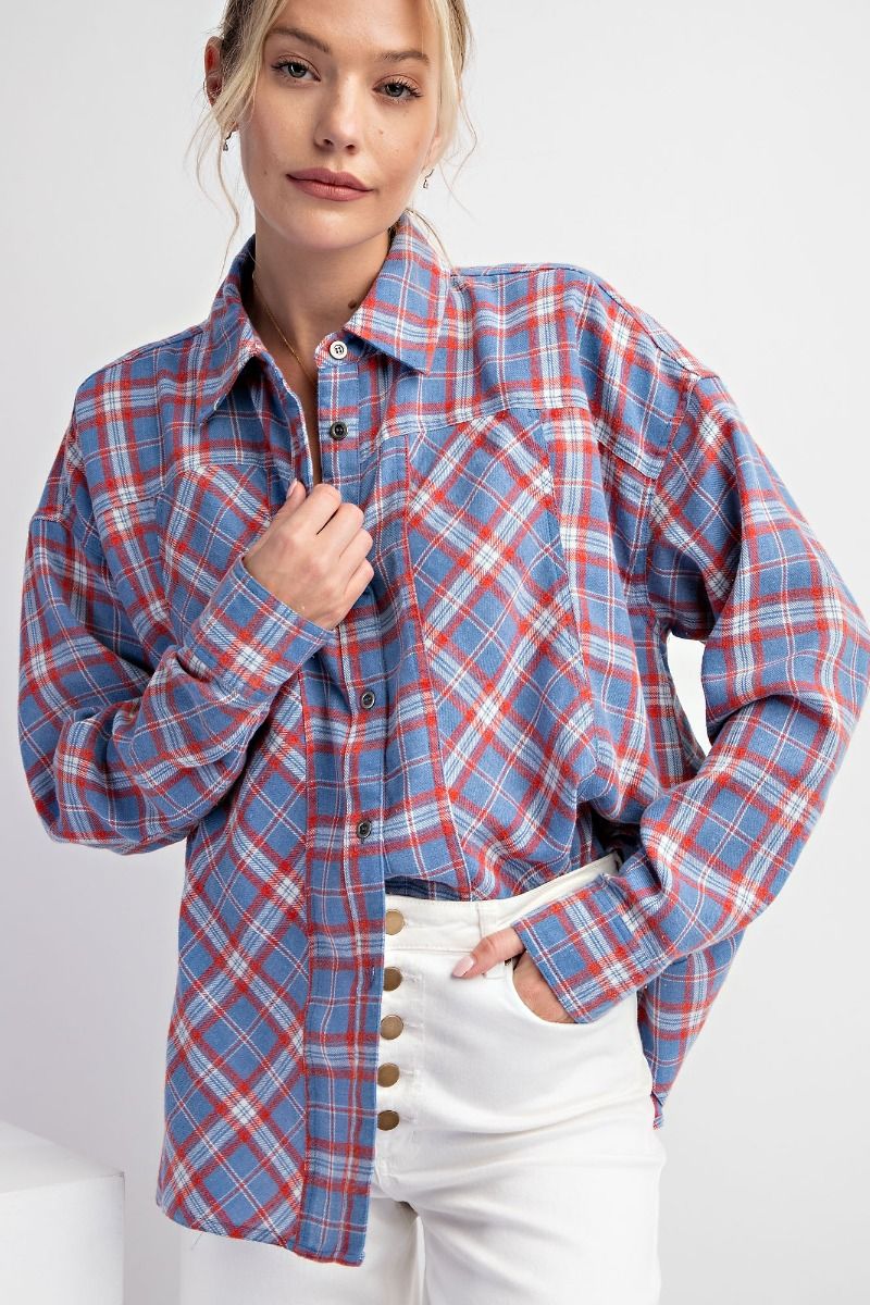 Easel Plus Plaid Oversized Woven Relaxed Fit Shirt Tops