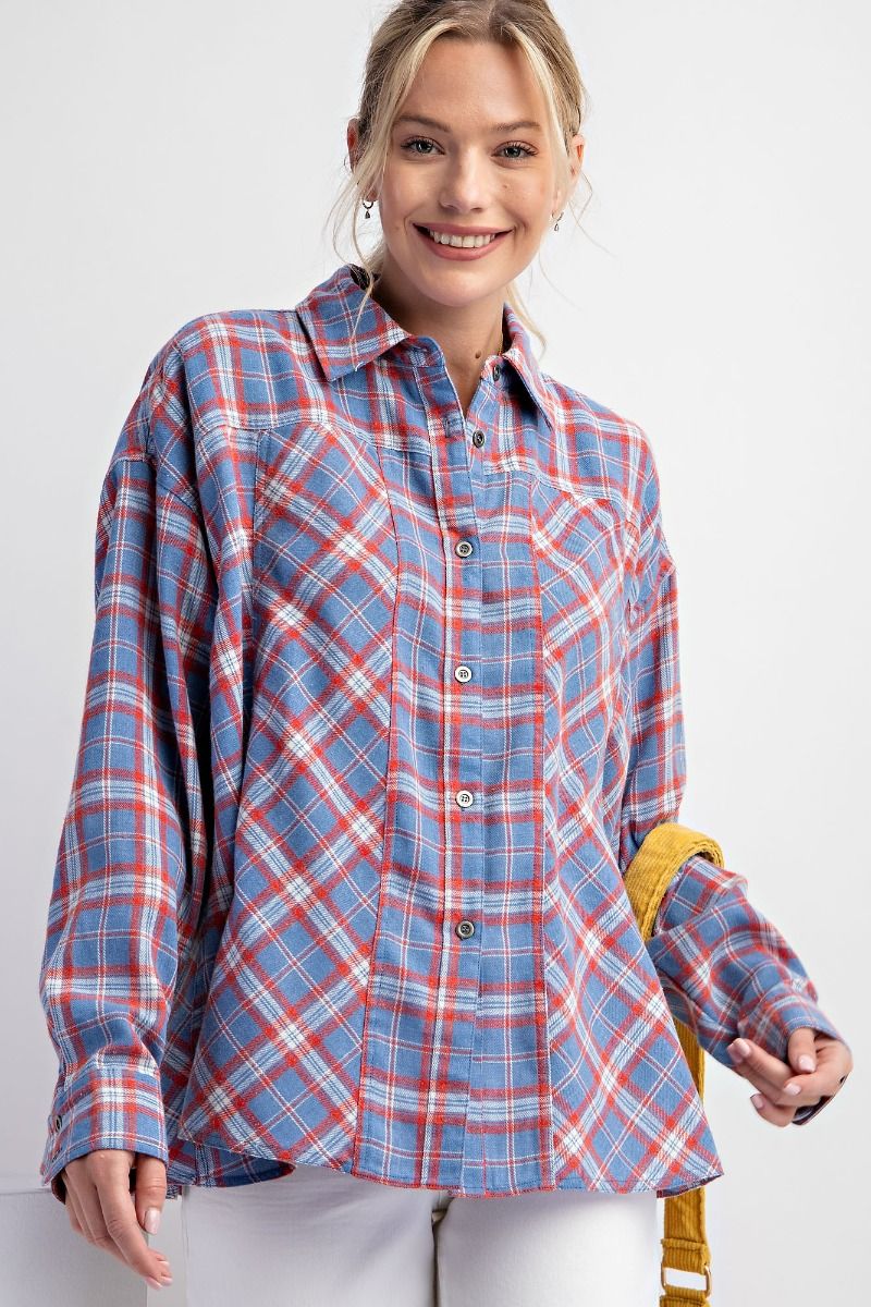 Easel Plus Plaid Oversized Woven Relaxed Fit Shirt Tops
