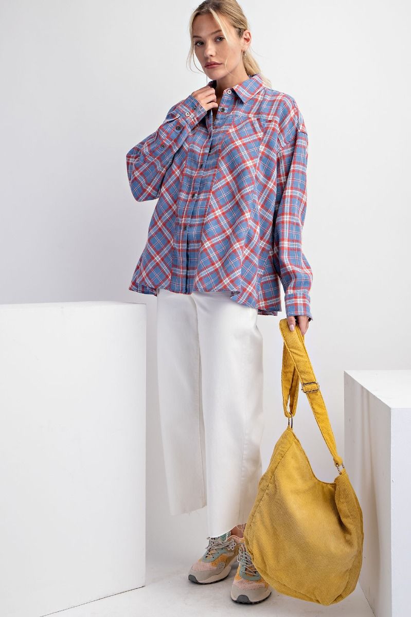 Easel Plus Plaid Oversized Woven Relaxed Fit Shirt Tops