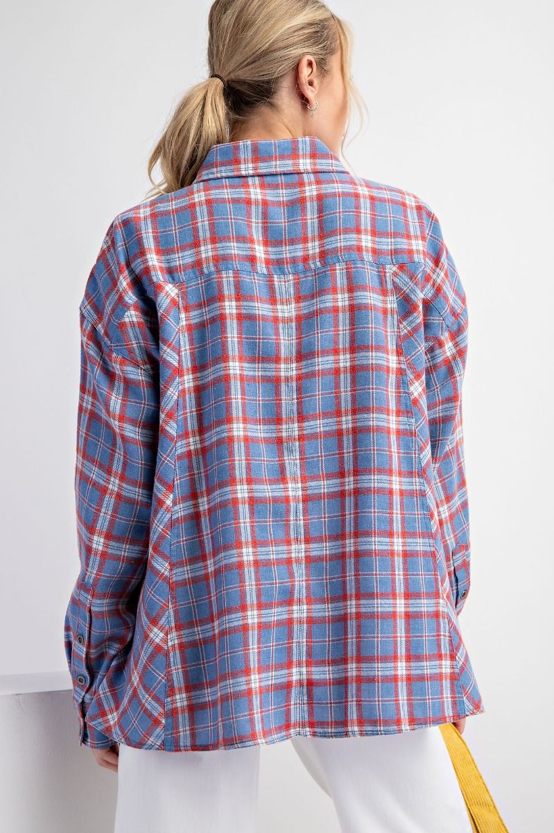 Easel Plus Plaid Oversized Woven Relaxed Fit Shirt Tops
