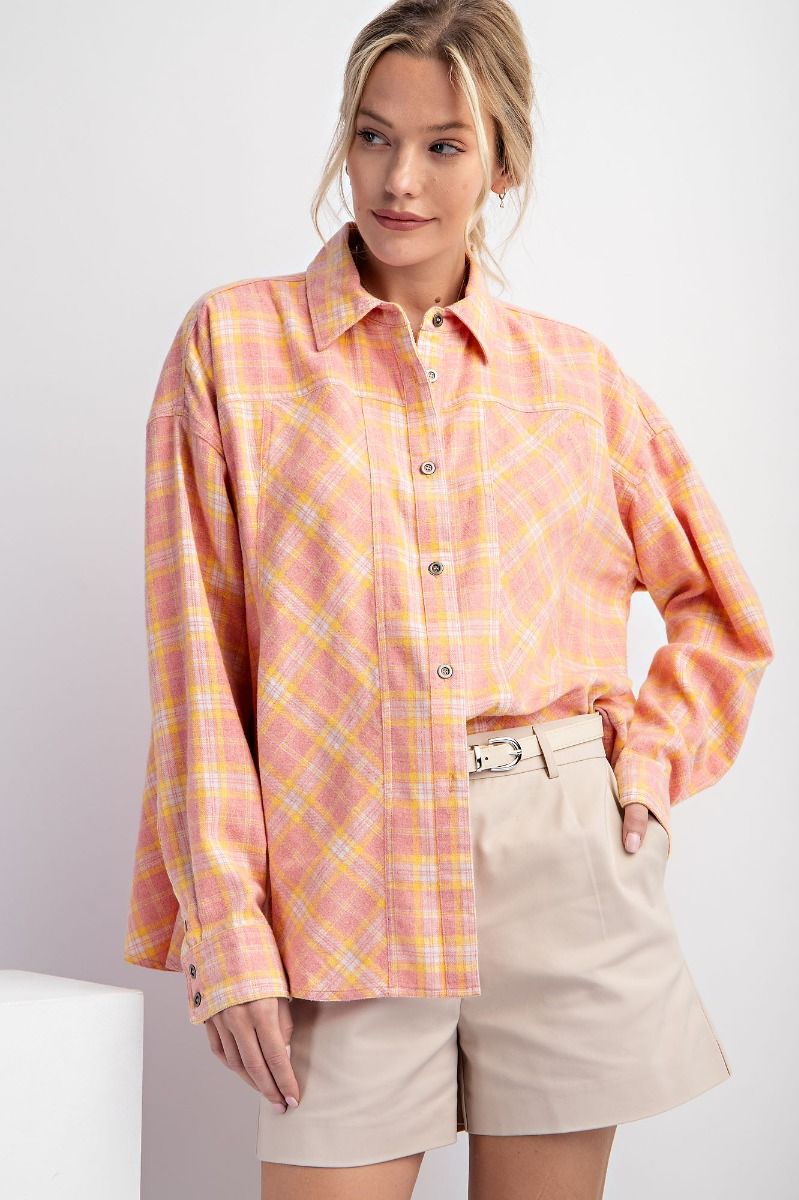 Easel Plus Plaid Oversized Woven Relaxed Fit Shirt Tops