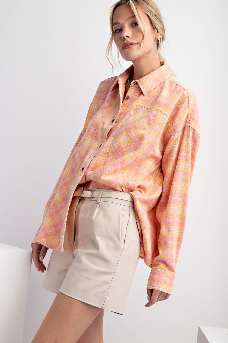 Easel Plus Plaid Oversized Woven Relaxed Fit Shirt Tops