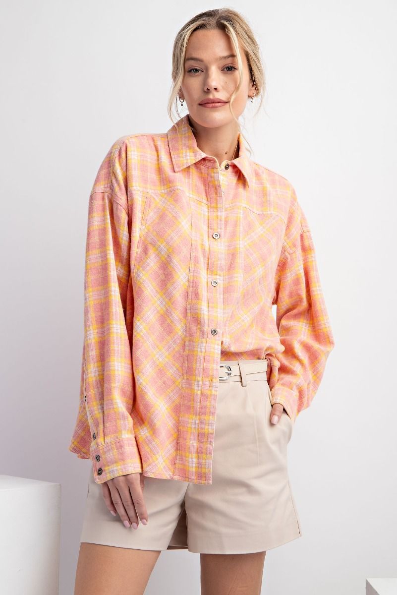 Easel Plus Plaid Oversized Woven Relaxed Fit Shirt Tops