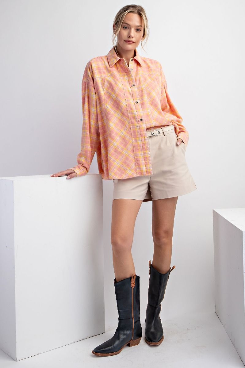 Easel Plus Plaid Oversized Woven Relaxed Fit Shirt Tops