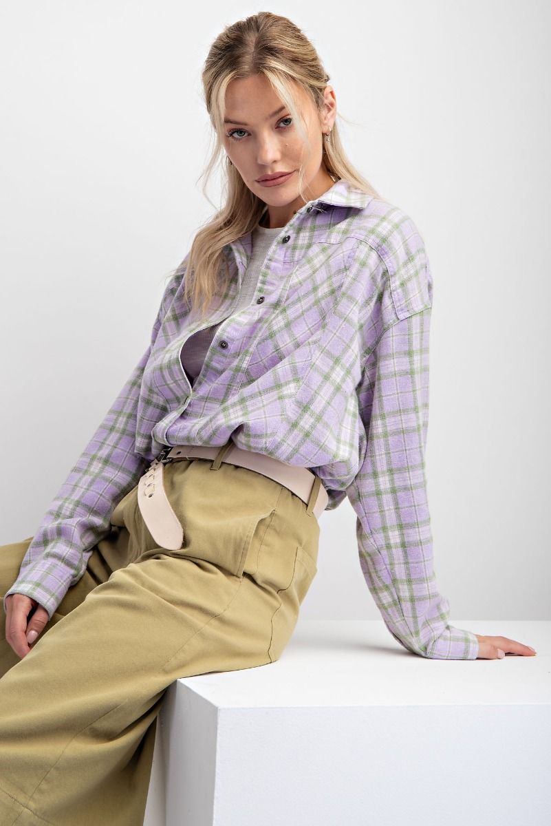 Easel Plus Plaid Oversized Woven Relaxed Fit Shirt Tops