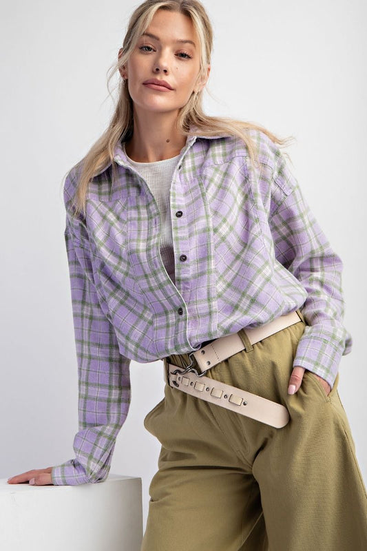 Easel Plus Plaid Oversized Woven Relaxed Fit Shirt Tops