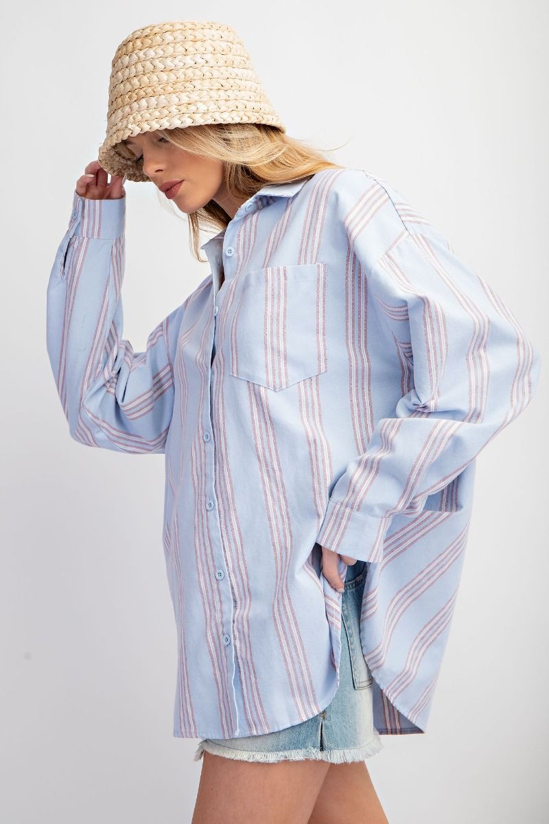 Easel Plus Stripe Button Down Shirt Relaxed Tops