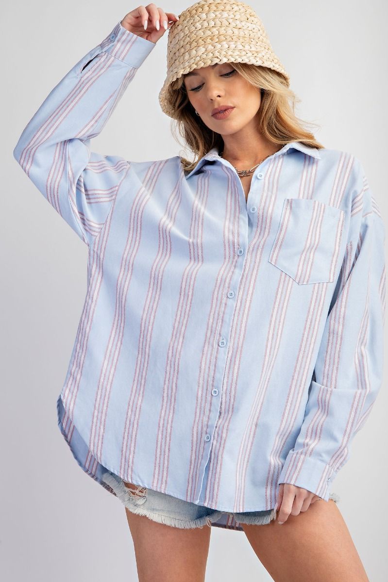 Easel Plus Stripe Button Down Shirt Relaxed Tops