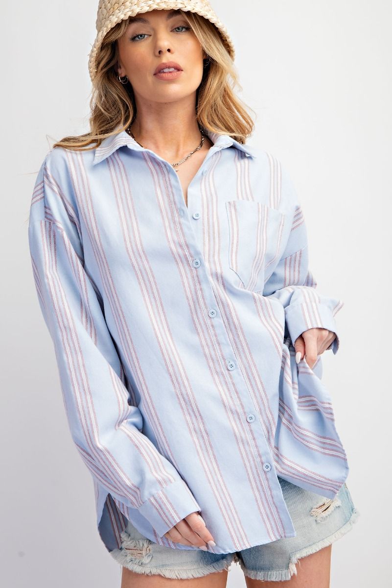 Easel Plus Stripe Button Down Shirt Relaxed Tops
