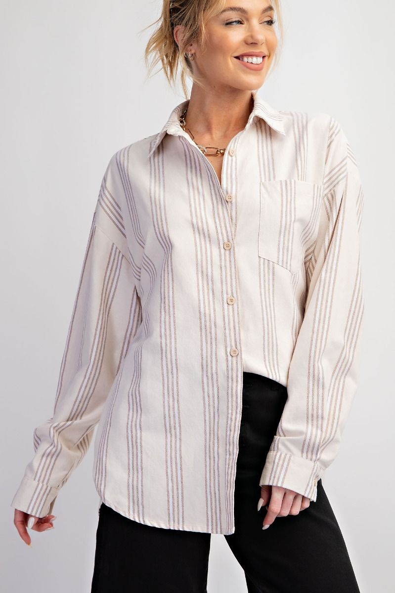 Easel Plus Stripe Button Down Shirt Relaxed Tops