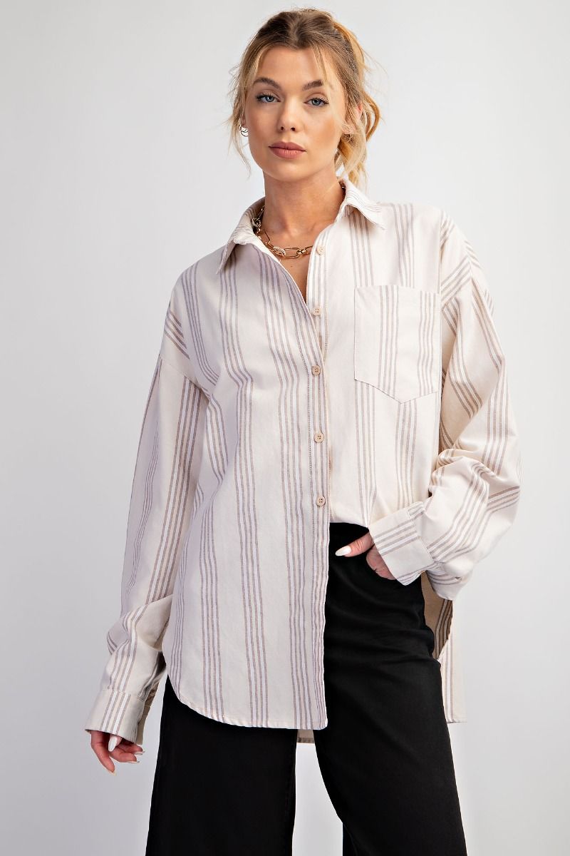 Easel Plus Stripe Button Down Shirt Relaxed Tops