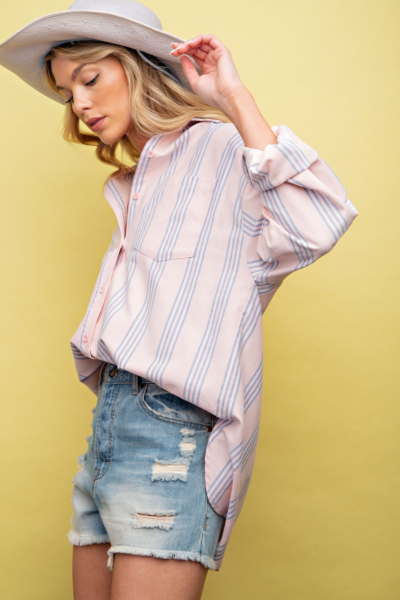 Easel Plus Stripe Button Down Shirt Relaxed Tops