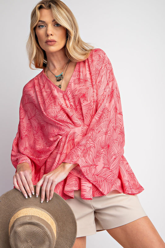 Easel Plus Tropical Print Peach Blossom Peplum Tops