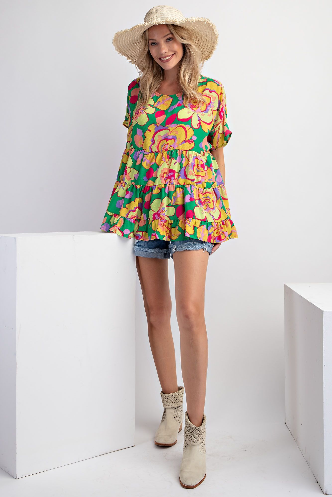 Easel Plus Flower Print Blink Babydoll Relaxed Fit Tunic Tops