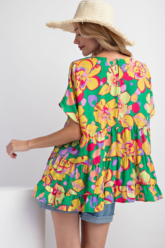 Easel Plus Flower Print Blink Babydoll Relaxed Fit Tunic Tops