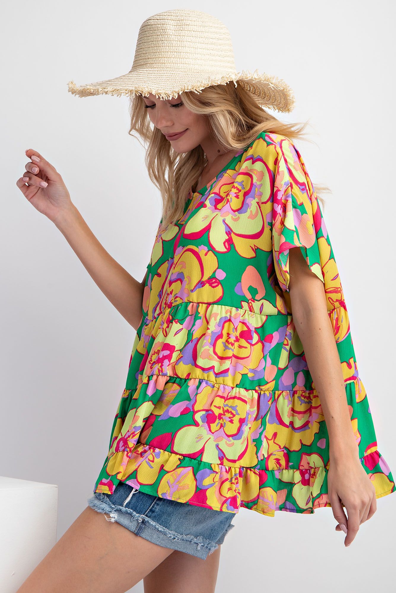 Easel Plus Flower Print Blink Babydoll Relaxed Fit Tunic Tops