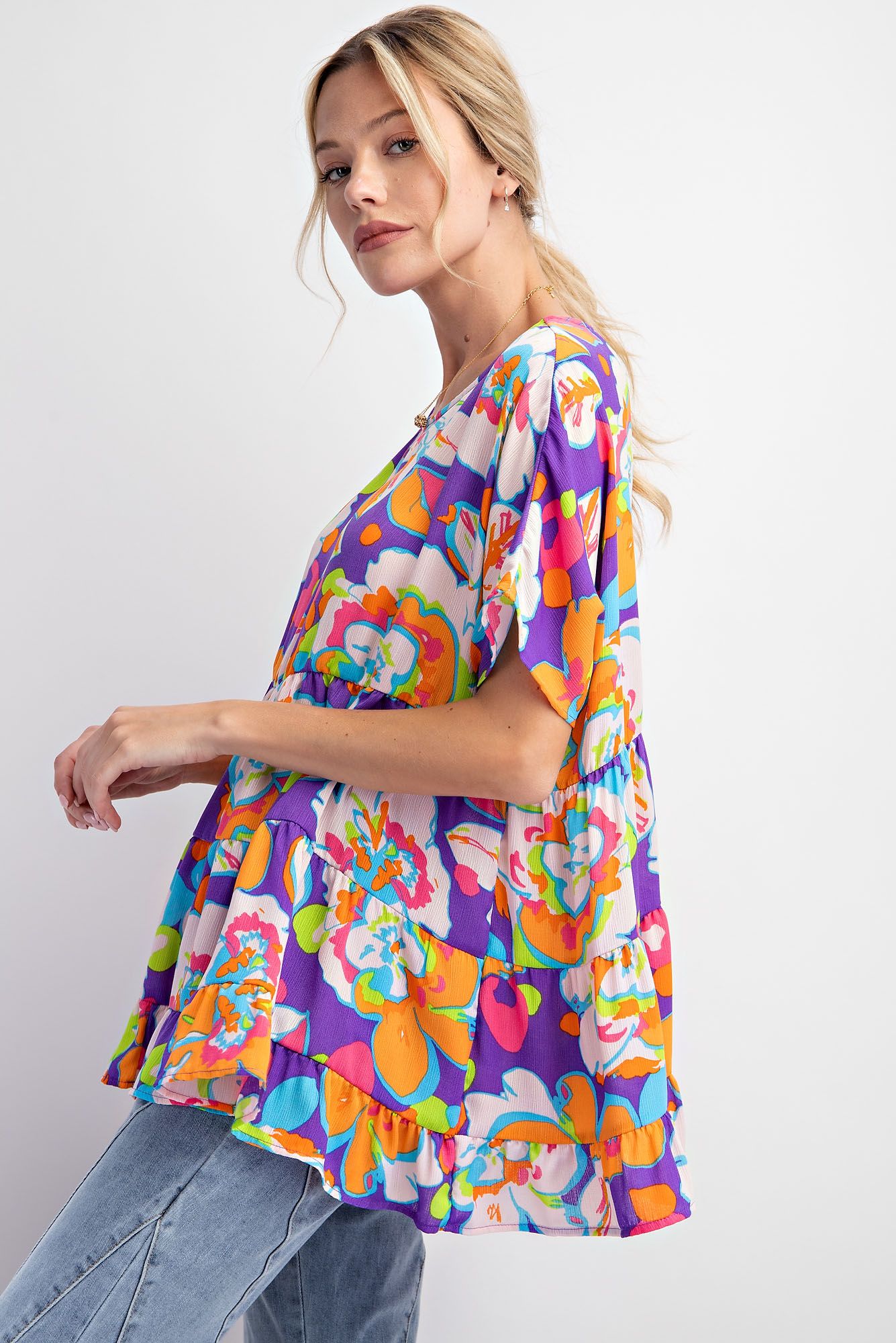 Easel Plus Flower Print Blink Babydoll Relaxed Fit Tunic Tops