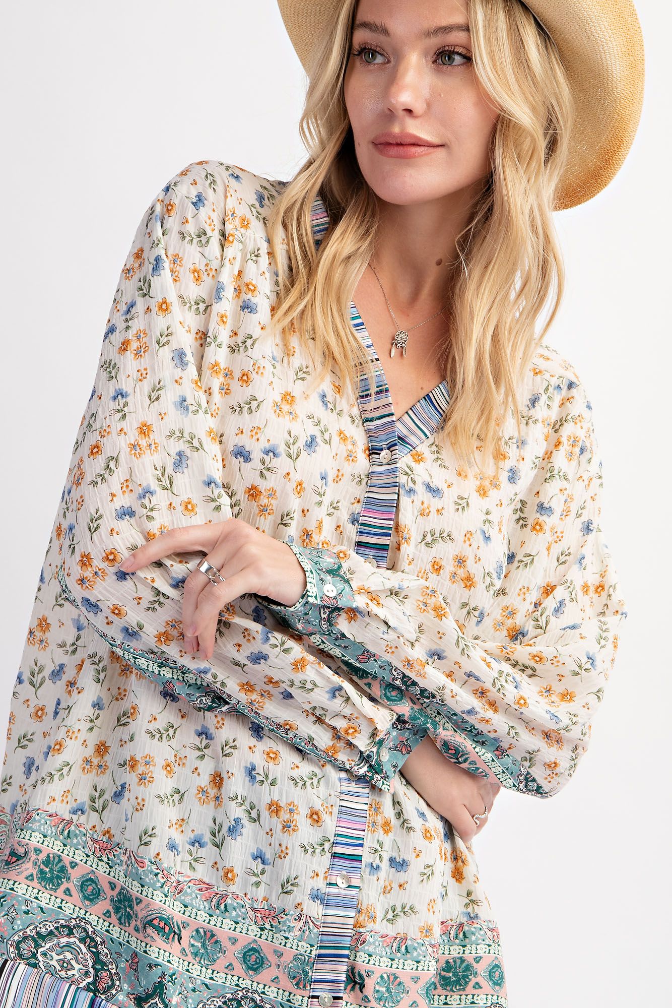 Easel Plus Print Mix Button Down V Neck Lightweight Tops