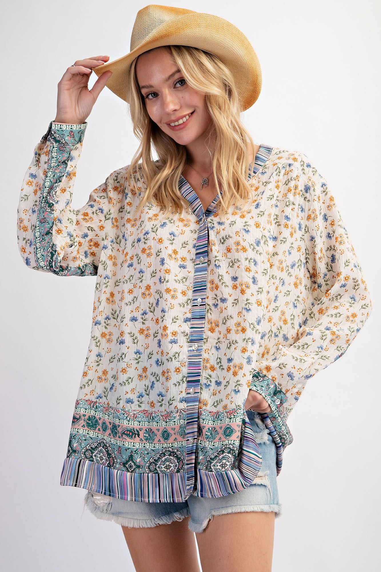 Easel Plus Print Mix Button Down V Neck Lightweight Tops