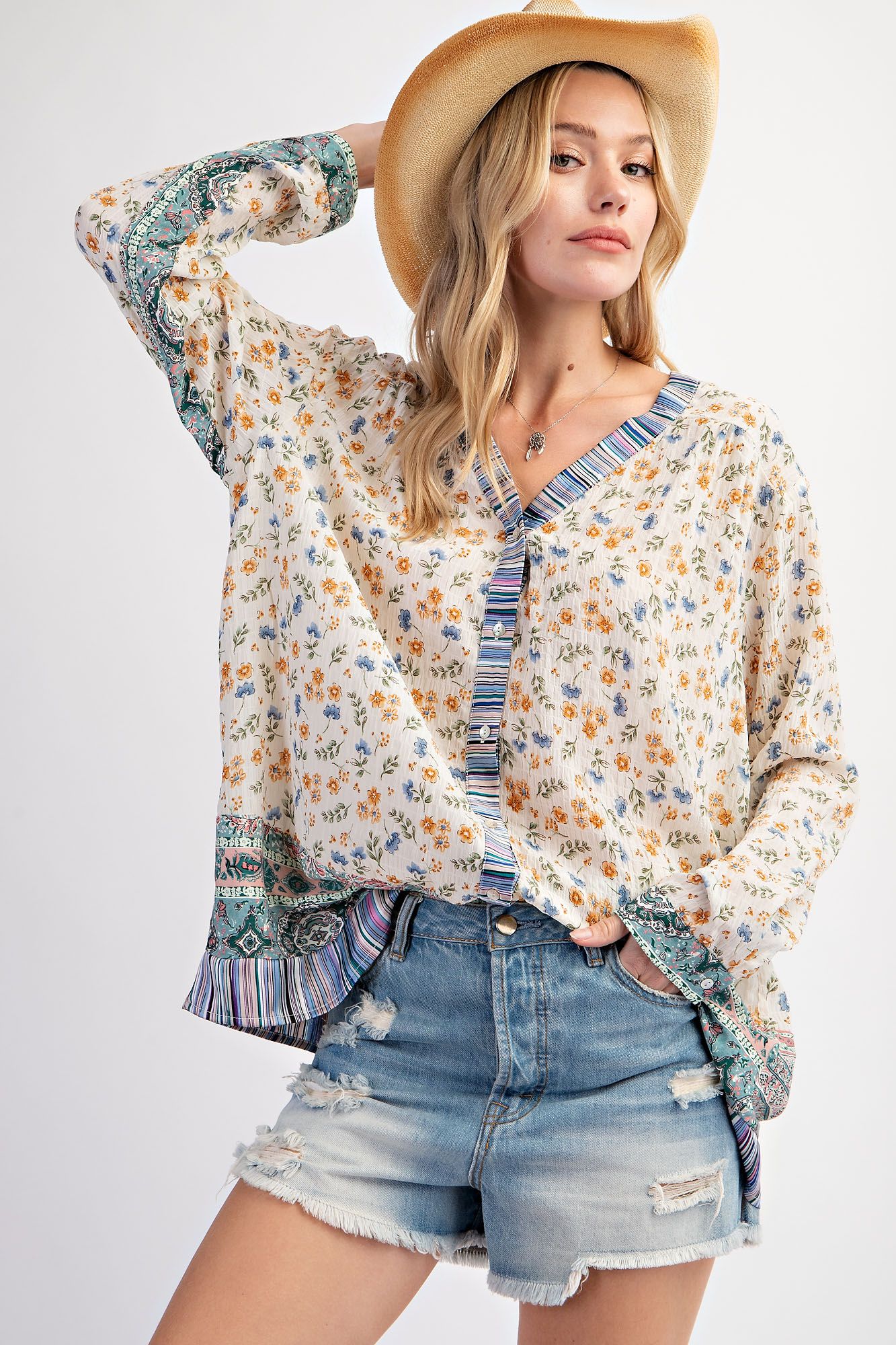 Easel Plus Print Mix Button Down V Neck Lightweight Tops