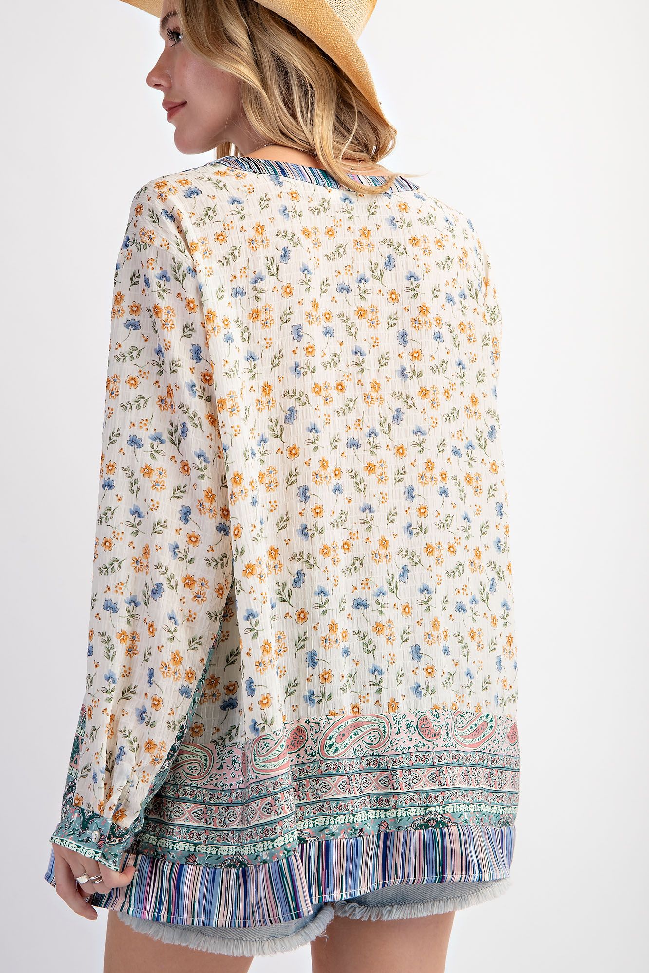 Easel Plus Print Mix Button Down V Neck Lightweight Tops
