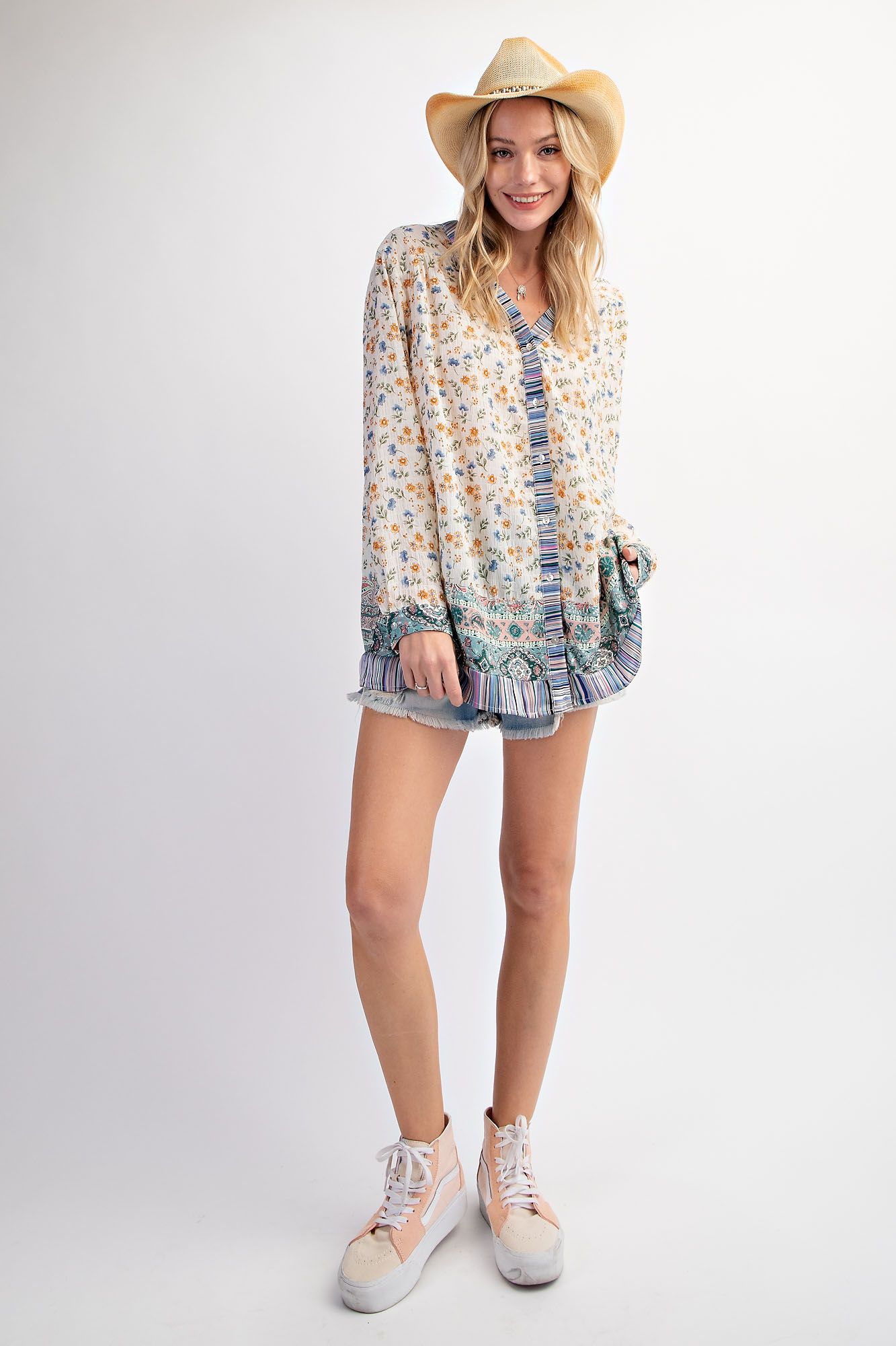 Easel Plus Print Mix Button Down V Neck Lightweight Tops