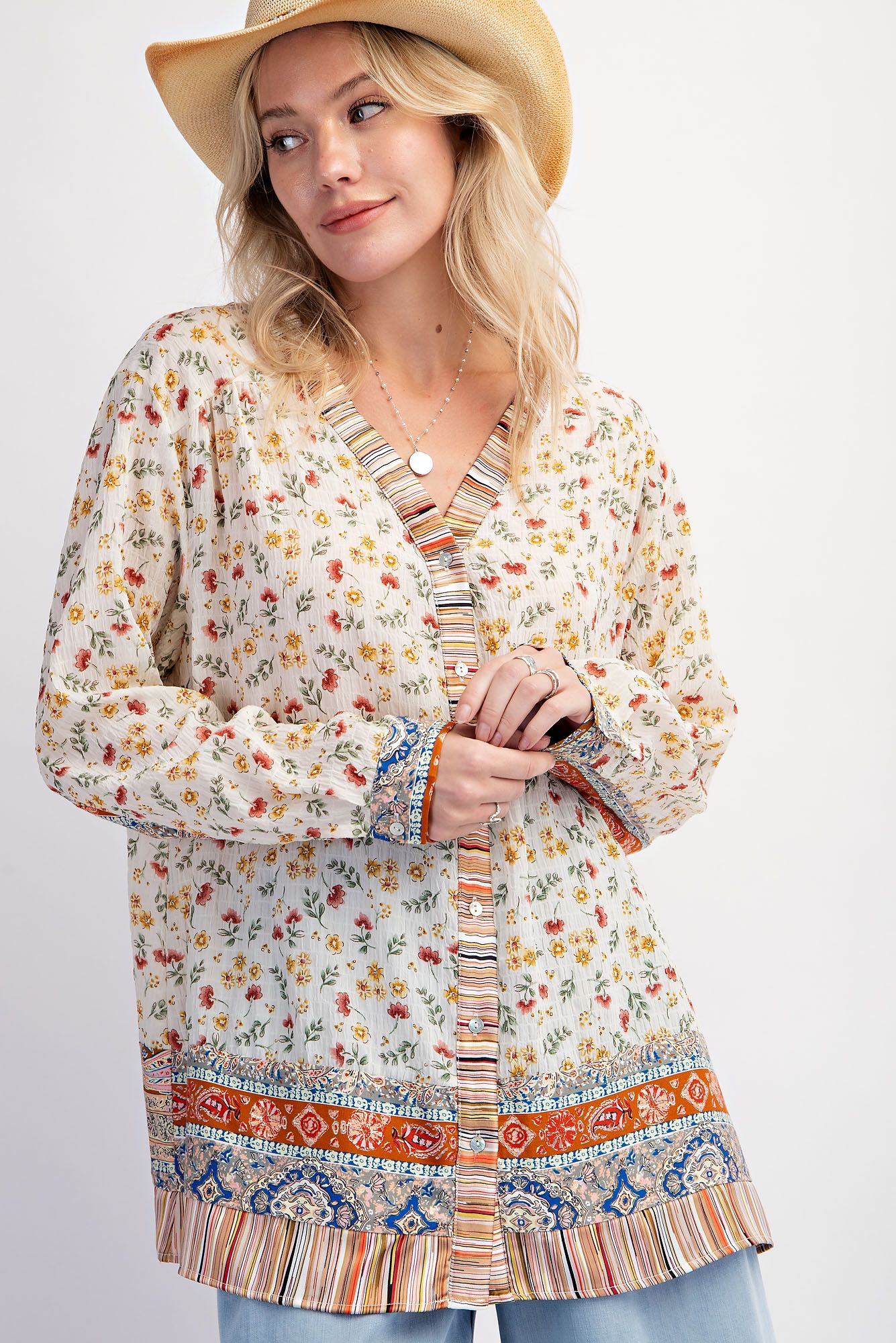 Easel Plus Print Mix Button Down V Neck Lightweight Tops