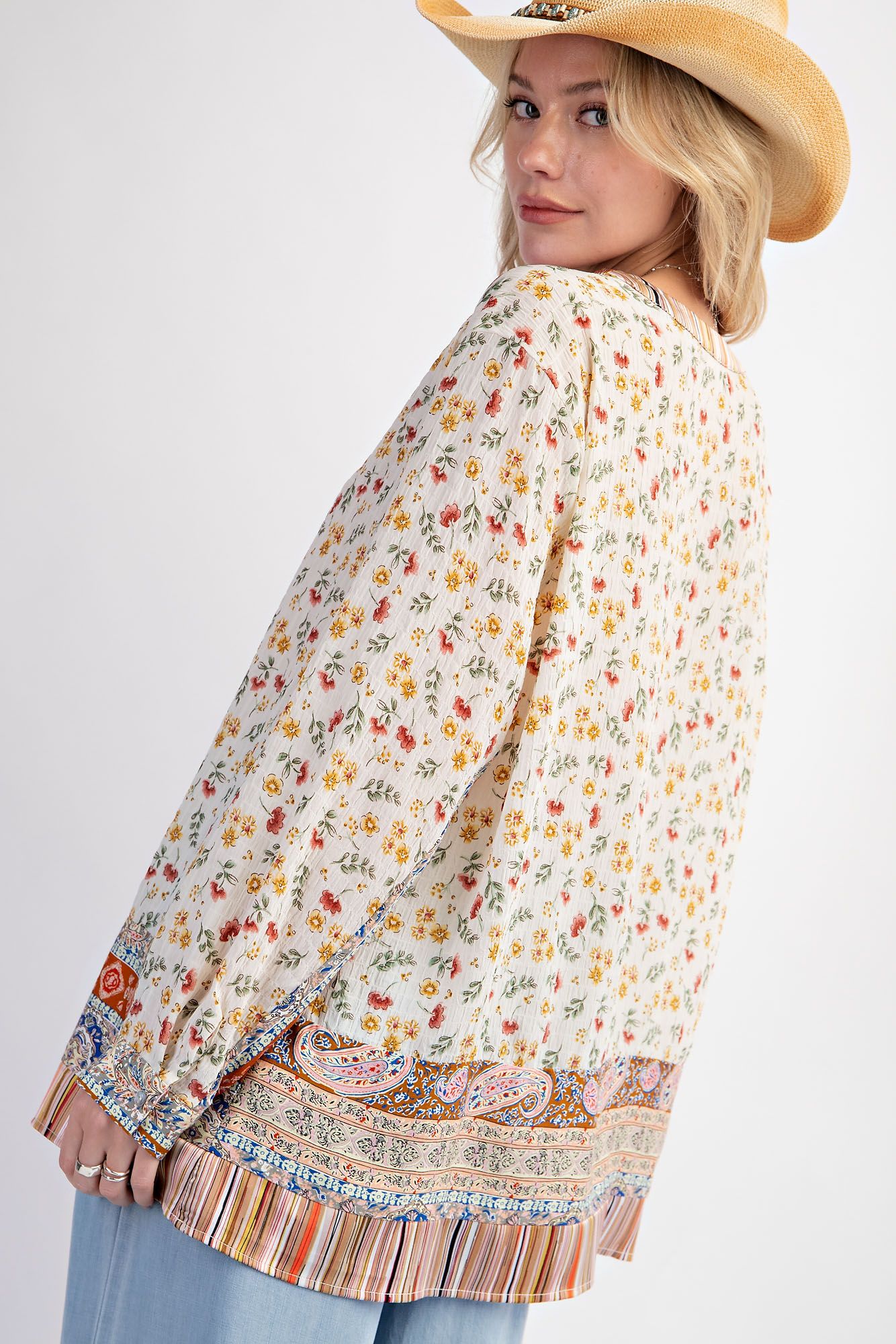 Easel Plus Print Mix Button Down V Neck Lightweight Tops